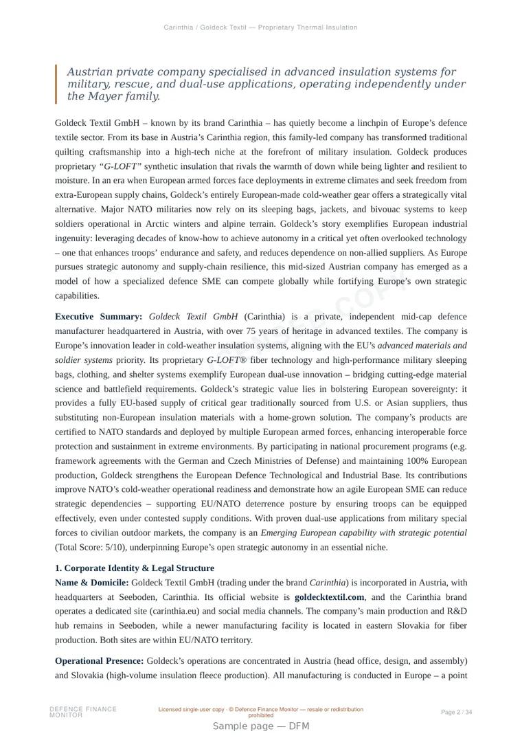 Sample page from “Carinthia / Goldeck Textil — Proprietary Thermal Insulation Supplier for Defence and Dual-Use” — 35-page report
