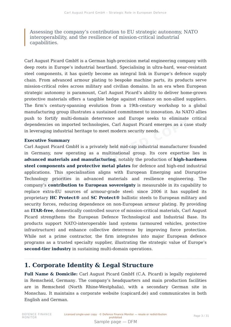 Sample page from “Carl August Picard GmbH – Strategic Role in European Defence Supply Chains and Advanced Metal Component Manufacturing” — 32-page report