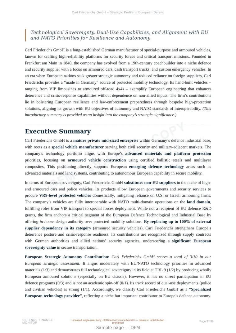 Sample page from “Carl Friederichs GmbH – Strategic Profile in European Defence Supply Chains” — 37-page report