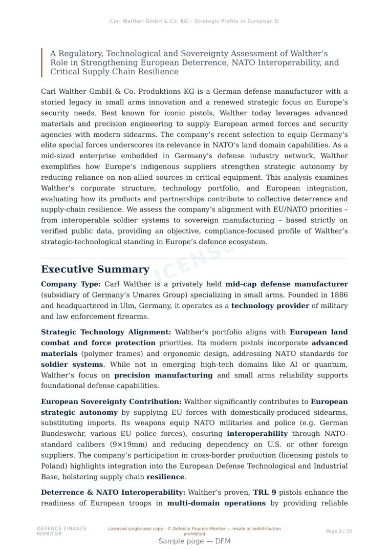 Sample page from “Carl Walther GmbH & Co. KG – Strategic Profile in European Defence Manufacturing” — 34-page report