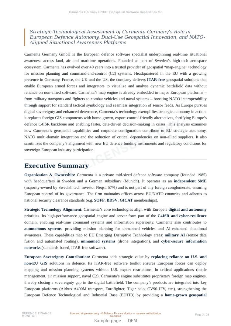 Sample page from “Carmenta Germany GmbH: Geospatial Software Capabilities for Defence and Mission-Critical Systems” — 39-page report