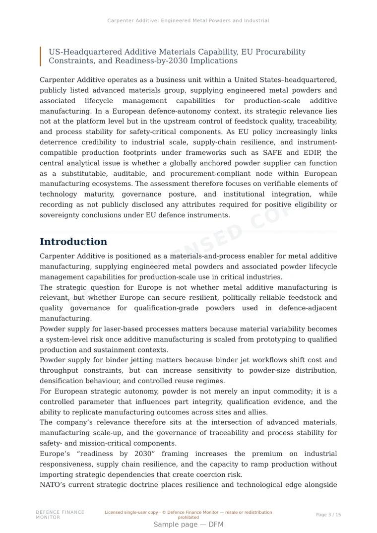 Sample page from “Carpenter Additive: Engineered Metal Powders and Industrial Resilience for European Defence Supply Chains” — 16-page report
