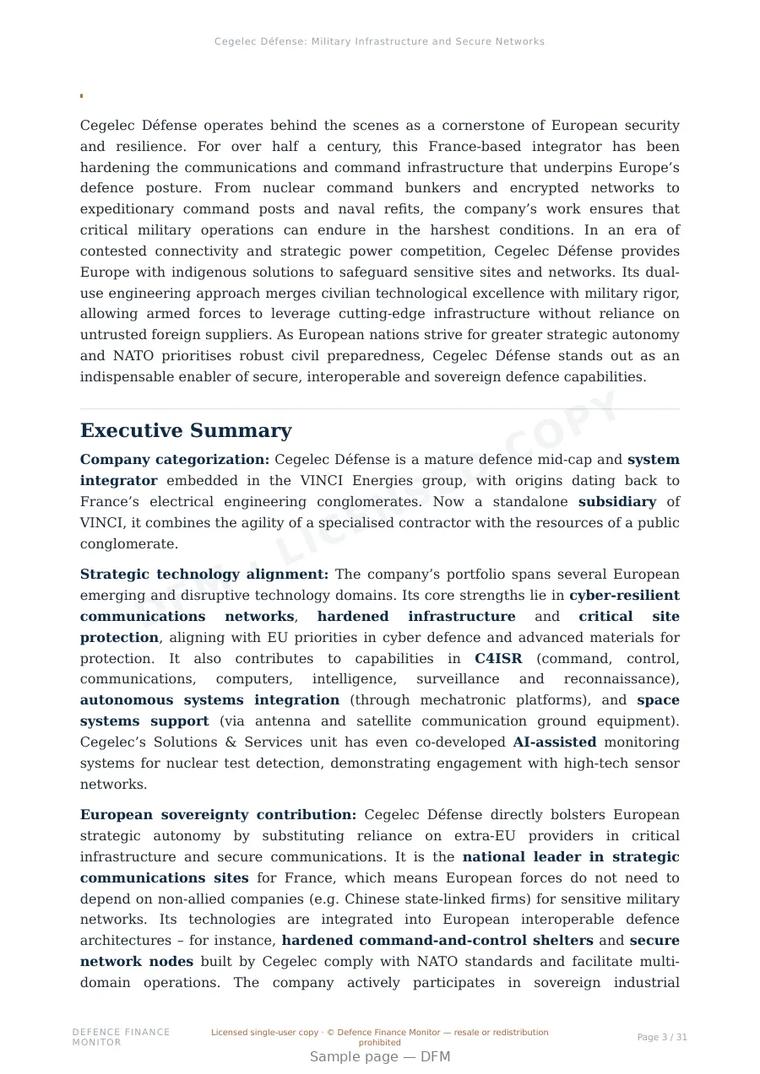 Sample page from “Cegelec Défense: Military Infrastructure and Secure Networks Analysis” — 32-page report