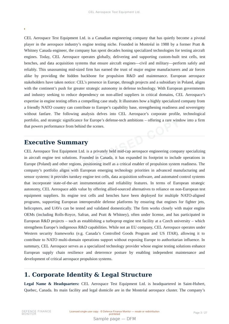 Sample page from “CEL Aerospace Test Equipment Ltd.” — 28-page report