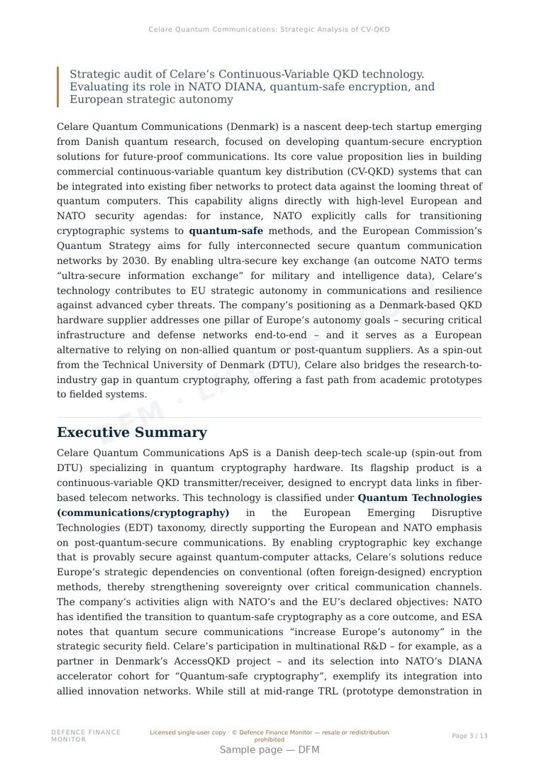 Sample page from “Celare Quantum Communications: Strategic Analysis of CV-QKD and Allied Sovereignty” — 14-page report