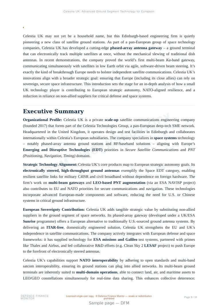 Sample page from “Celestia UK: Advanced Ground Segment Technology for European Autonomy” — 32-page report