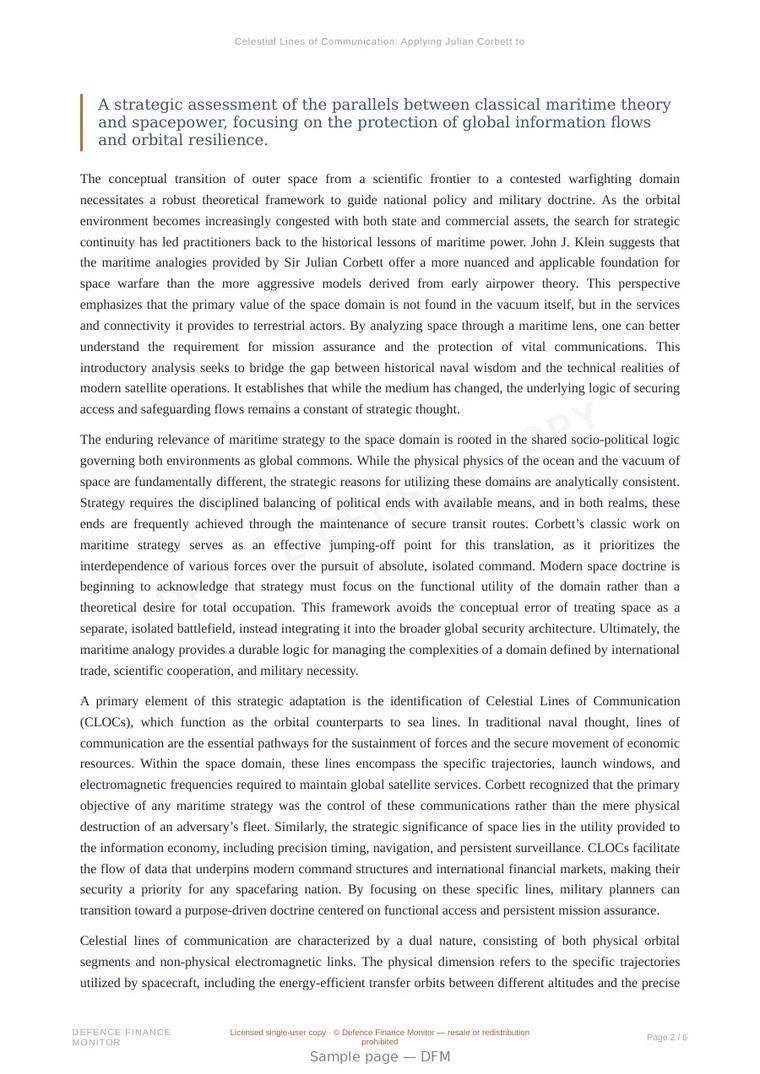 Sample page from “Celestial Lines of Communication: Applying Julian Corbett to the Orbital Domain” — 7-page report