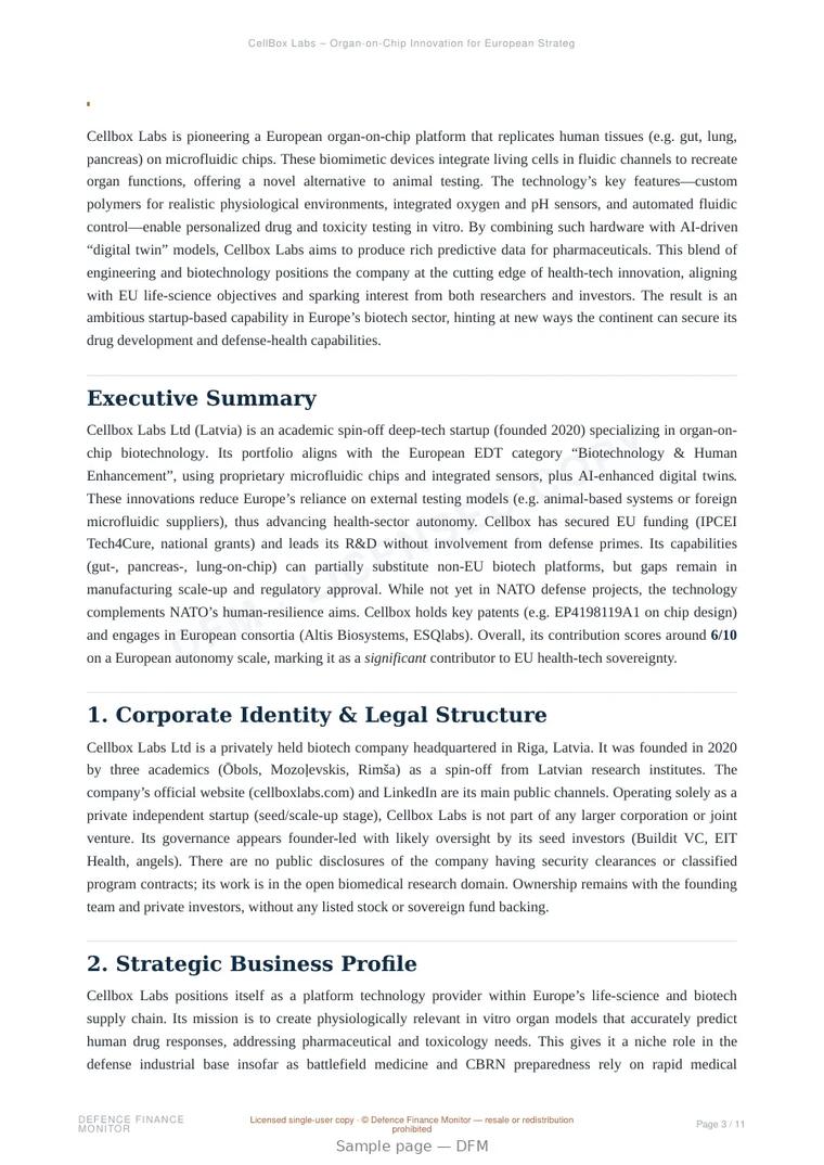 Sample page from “CellBox Labs – Organ-on-Chip Innovation for European Strategic Autonomy” — 12-page report