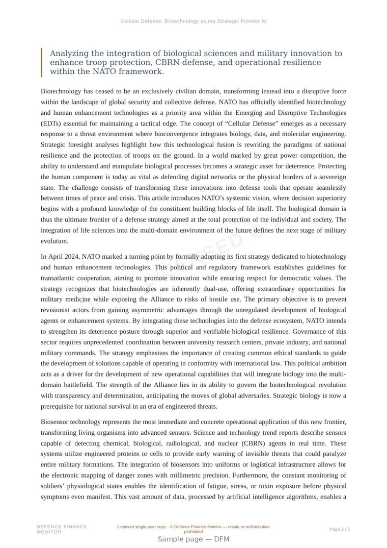 Sample page from “Cellular Defense: Biotechnology as the Strategic Frontier for NATO” — 6-page report