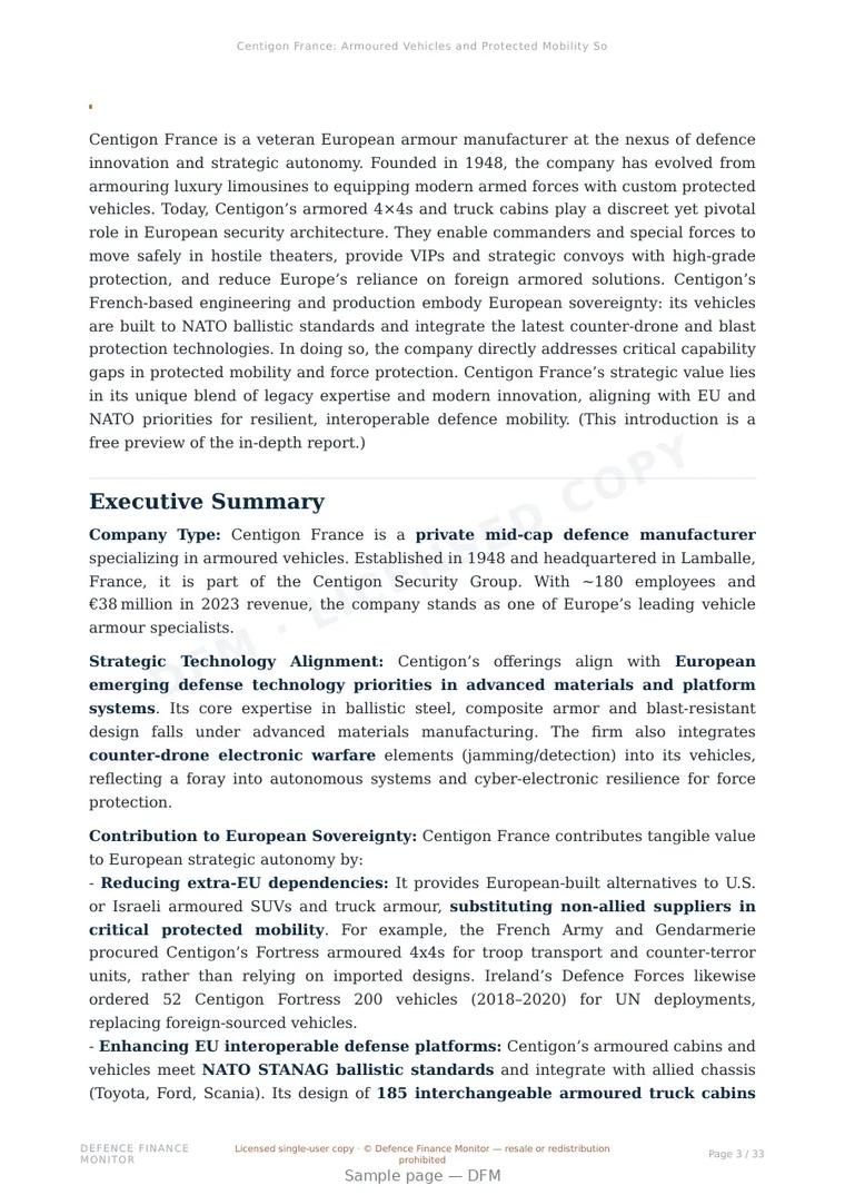 Sample page from “Centigon France: Armoured Vehicles and Protected Mobility Solutions for Defence and Security (EU/NATO)” — 34-page report