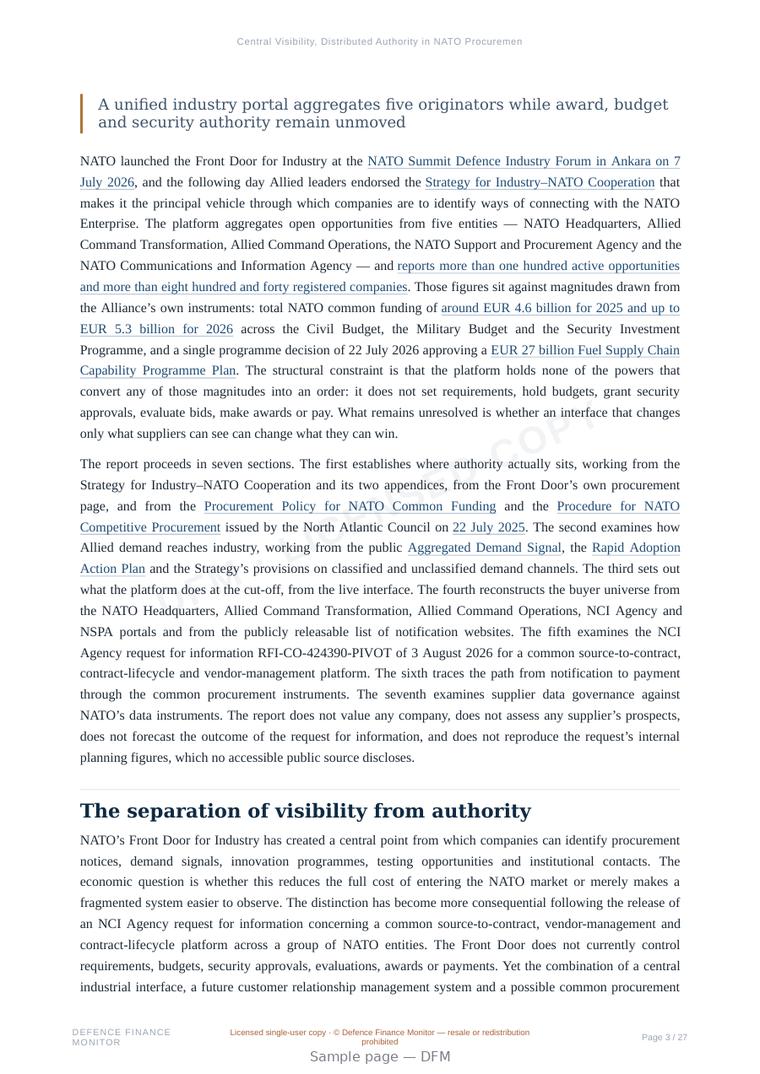 Sample page from “Central Visibility, Distributed Authority in NATO Procurement” — 28-page report