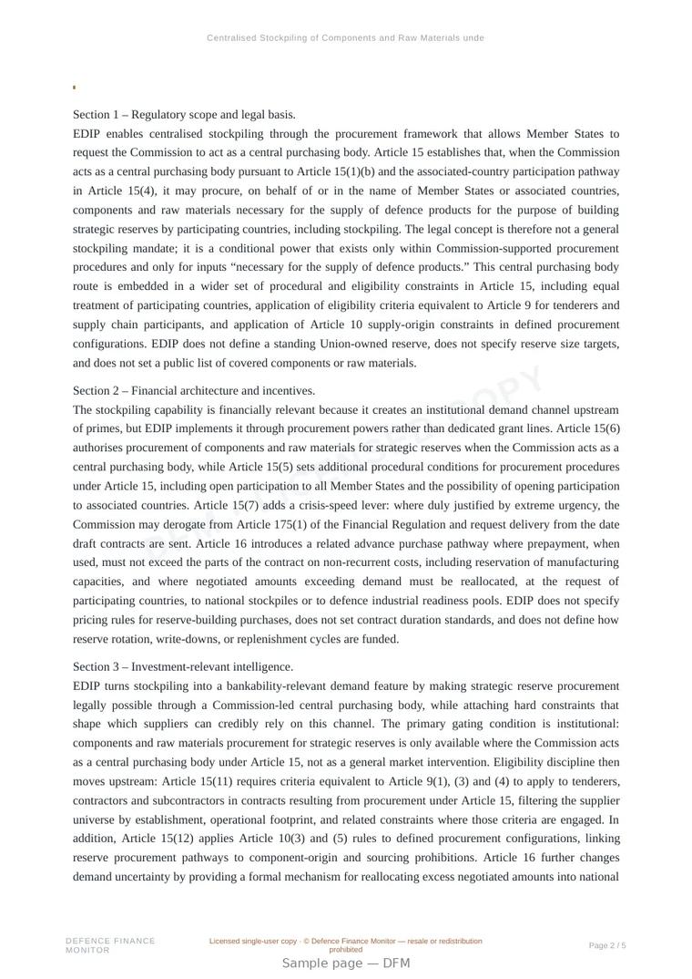 Sample page from “Centralised Stockpiling of Components and Raw Materials under EDIP” — 6-page report
