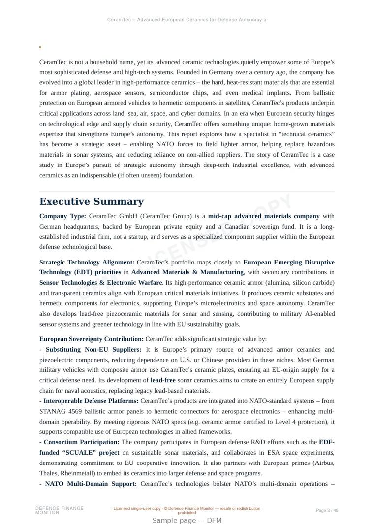 Sample page from “CeramTec – Advanced European Ceramics for Defense Autonomy and Dual-Use Innovation” — 46-page report