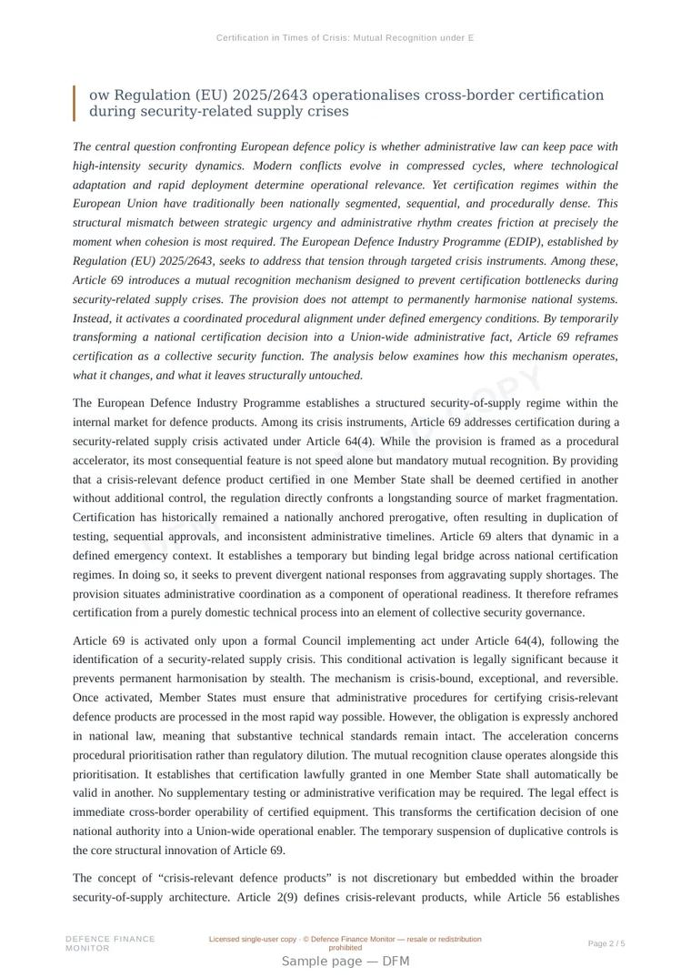 Sample page from “Certification in Times of Crisis: Mutual Recognition under EDIP Article 69” — 6-page report