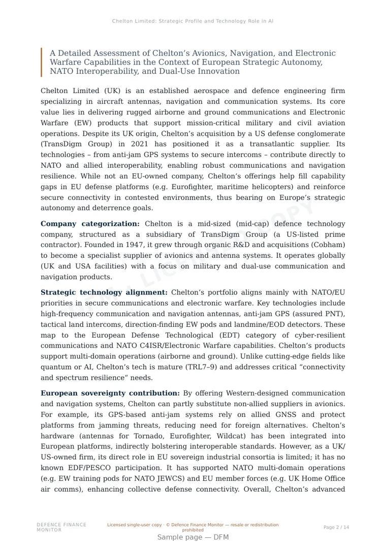 Sample page from “Chelton Limited: Strategic Profile and Technology Role in Allied Defence Systems” — 15-page report
