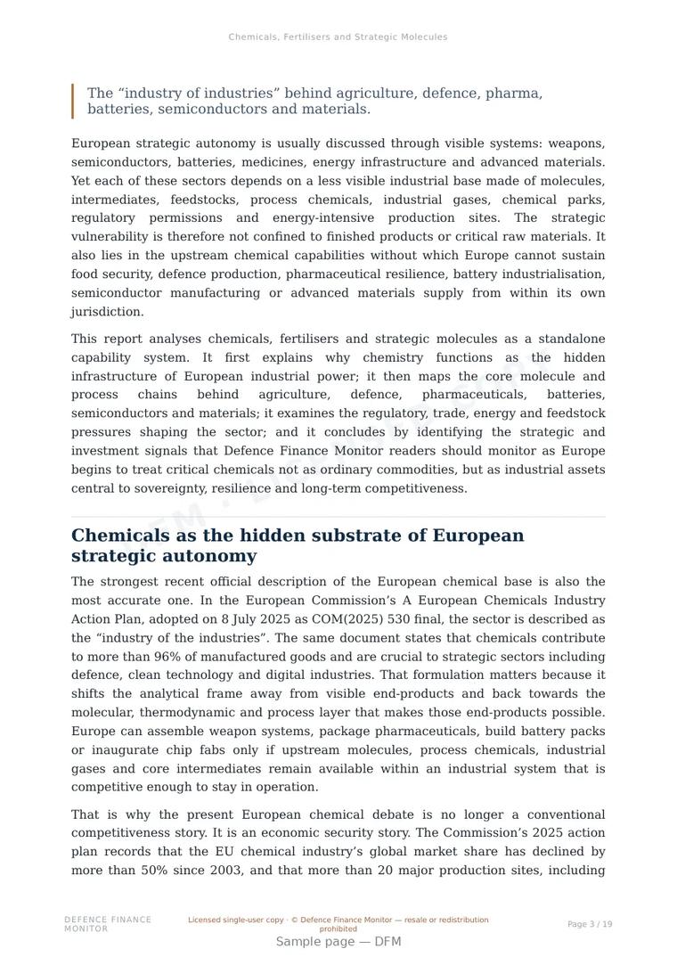 Sample page from “Chemicals, Fertilisers and Strategic Molecules” — 20-page report