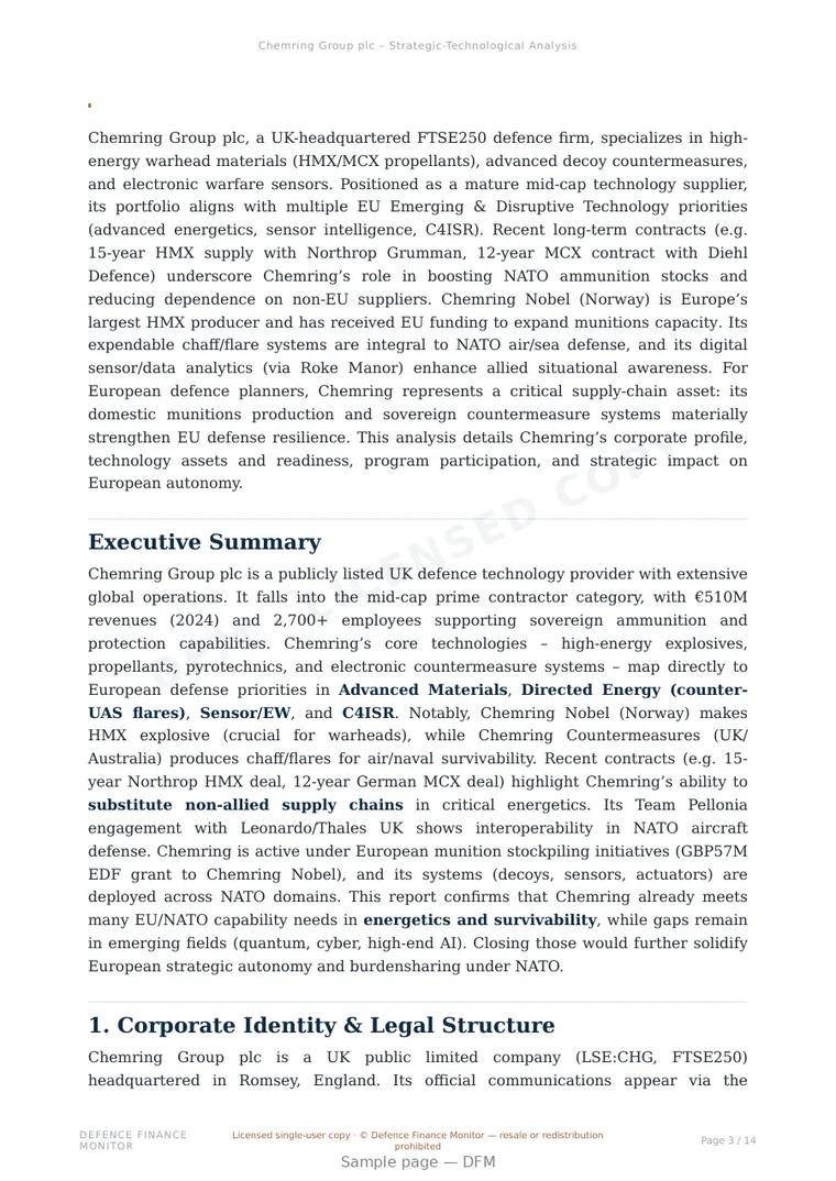 Sample page from “Chemring Group plc — United Kingdom defence company” — 15-page report