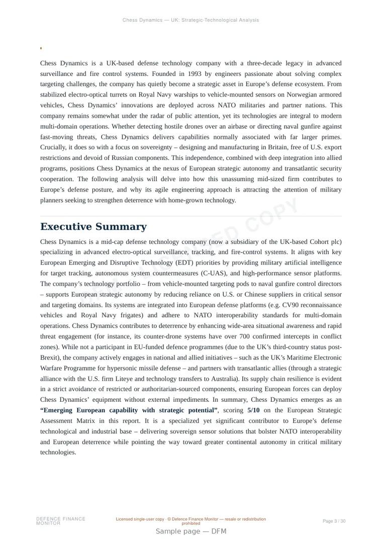 Sample page from “Chess Dynamics — United Kingdom defence company” — 31-page report
