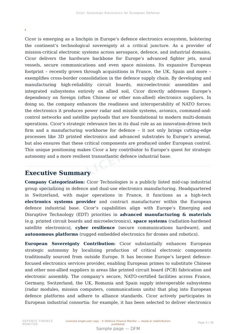 Sample page from “Cicor: Sovereign Electronics for European Defense” — 40-page report