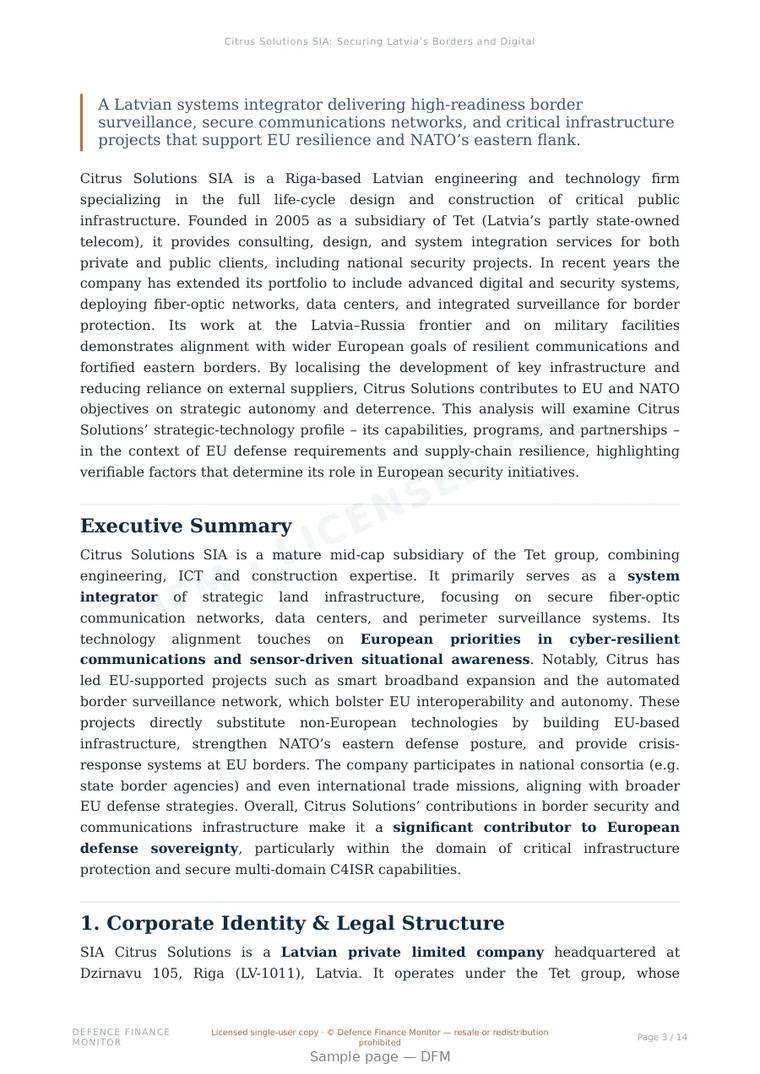 Sample page from “Citrus Solutions SIA: Securing Latvia’s Borders and Digital Infrastructure” — 15-page report