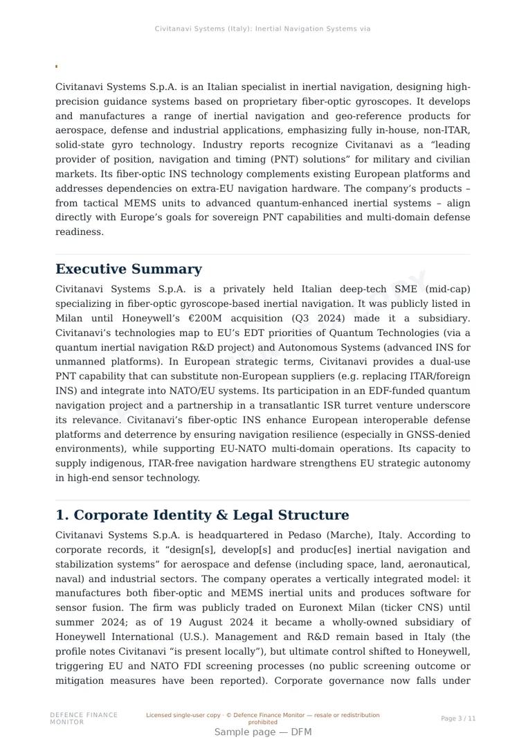 Sample page from “Civitanavi Systems (Italy): Inertial Navigation Systems via Fiber-Optic Gyroscopes” — 12-page report