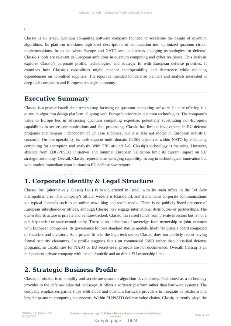 Sample page from “Classiq — Israel artificial intelligence company” — 13-page report