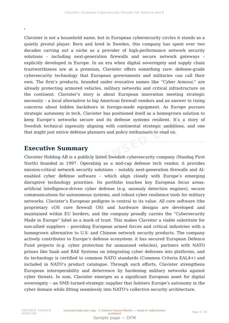 Sample page from “Clavister: European Cybersecurity Provider for Defence and Strategic Autonomy” — 40-page report