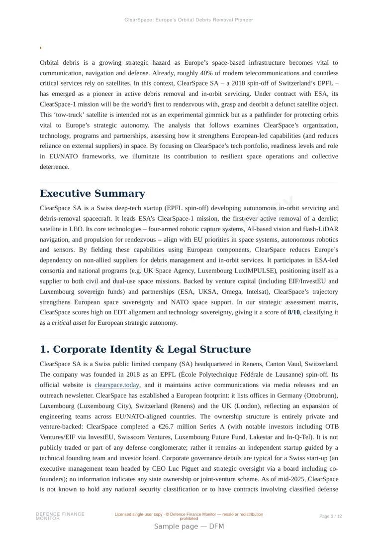 Sample page from “ClearSpace: Europe’s Orbital Debris Removal Pioneer” — 13-page report