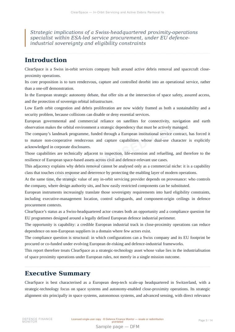 Sample page from “ClearSpace — In-Orbit Servicing and Active Debris Removal for European Orbital Resilience” — 15-page report