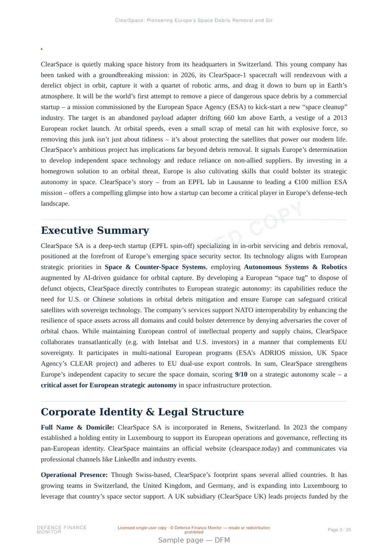 Sample page from “ClearSpace: Pioneering Europe’s Space Debris Removal and Strategic Autonomy” — 26-page report