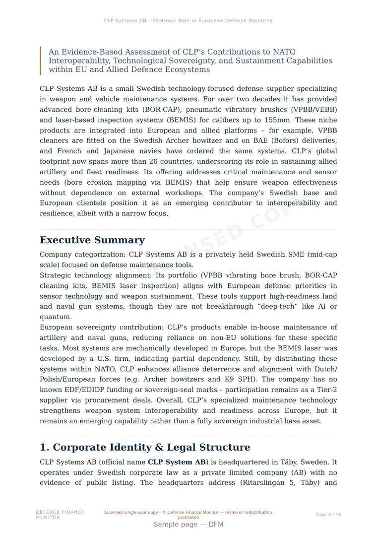 Sample page from “CLP Systems AB – Strategic Role in European Defence Maintenance Technologies” — 16-page report