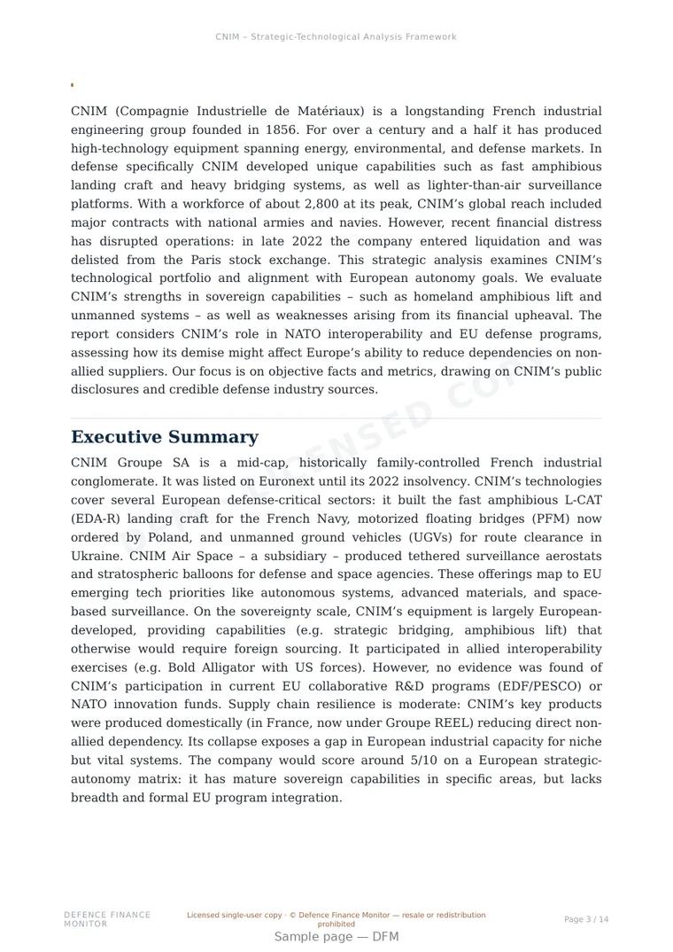 Sample page from “CNIM (Compagnie Industrielle de Materiaux) — France naval platforms company” — 15-page report