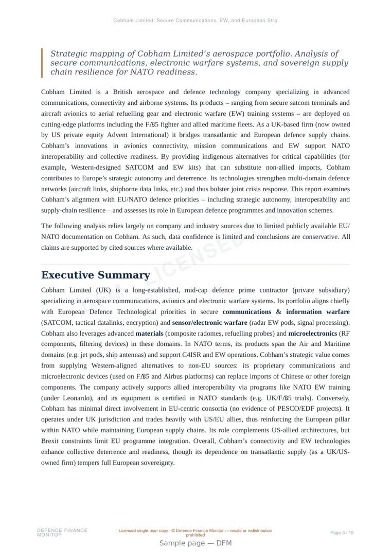 Sample page from “Cobham Limited: Secure Communications, EW, and European Strategic Analysis” — 16-page report