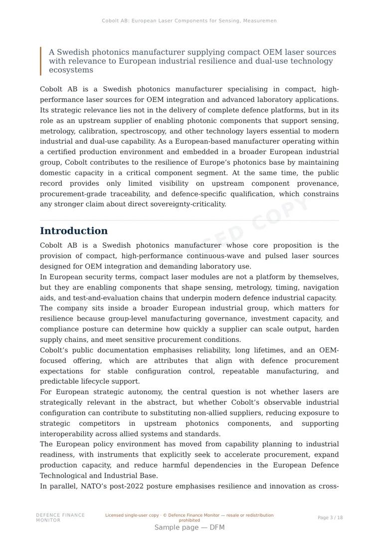 Sample page from “Cobolt AB: European Laser Components for Sensing, Measurement, and Defence-Adjacent Photonics” — 19-page report