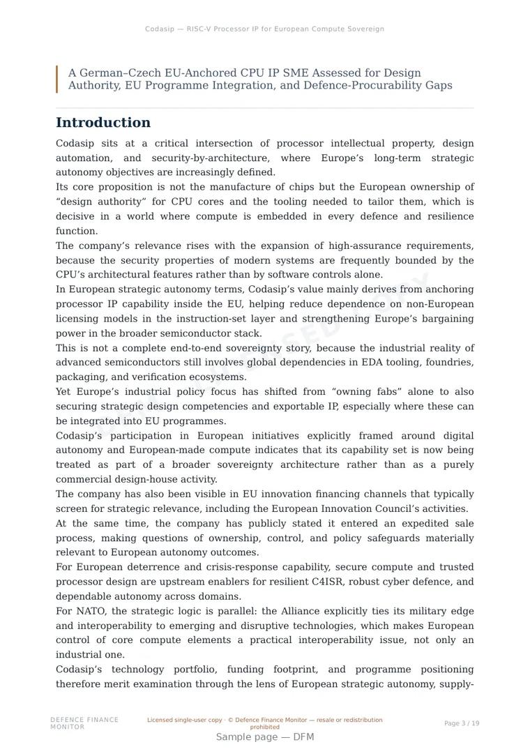 Sample page from “Codasip — RISC-V Processor IP for European Compute Sovereignty” — 20-page report