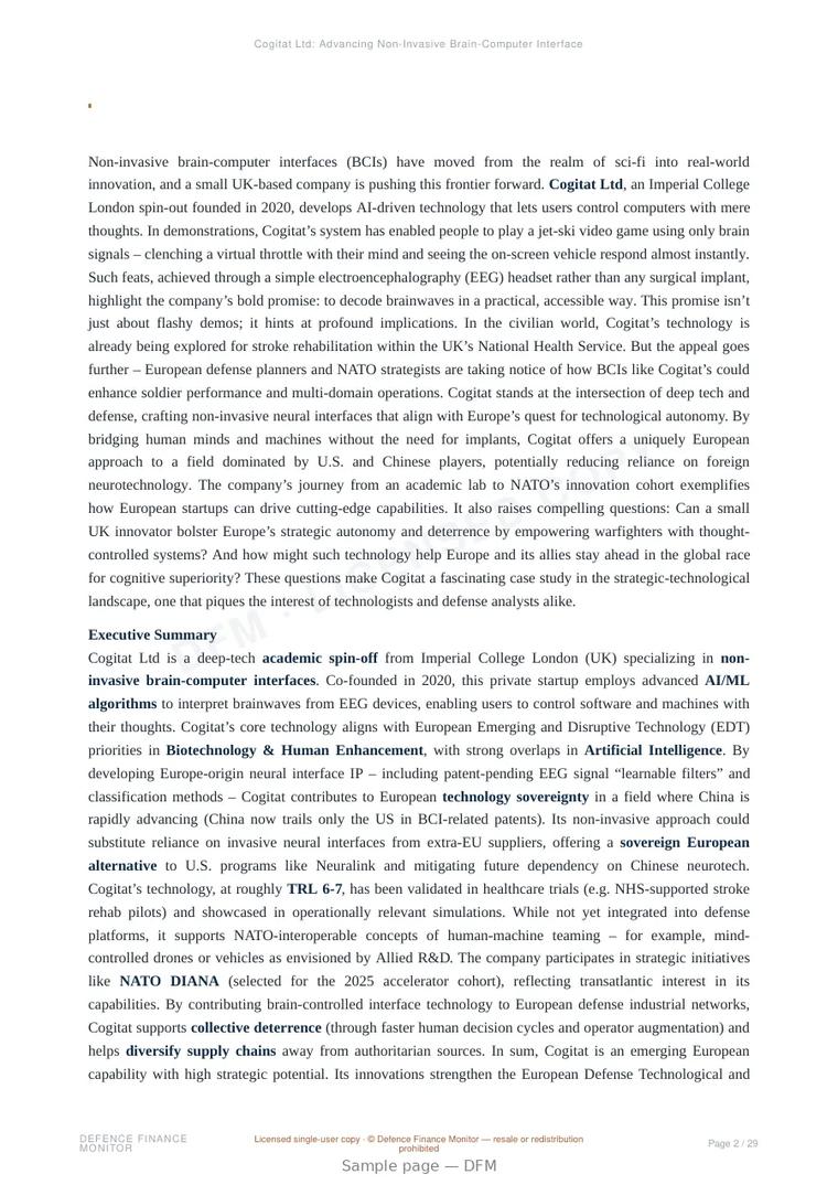 Sample page from “Cogitat Ltd: Advancing Non-Invasive Brain-Computer Interfaces for European Strategic Autonomy” — 30-page report