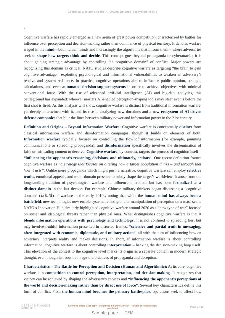 Sample page from “Cognitive Warfare and the AI-Driven Defense Ecosystem in Great Power Competition” — 13-page report