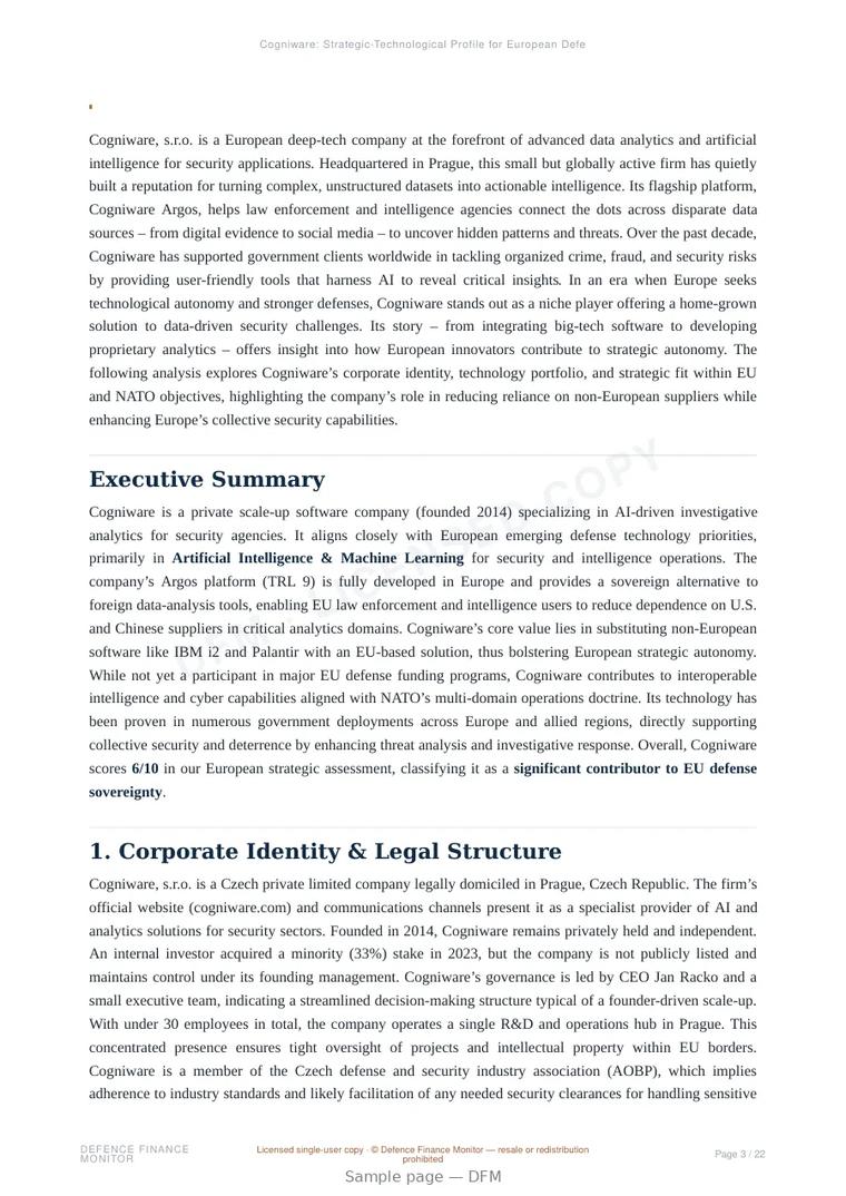 Sample page from “Cogniware: Strategic-Technological Profile for European Defense and Security Autonomy” — 23-page report