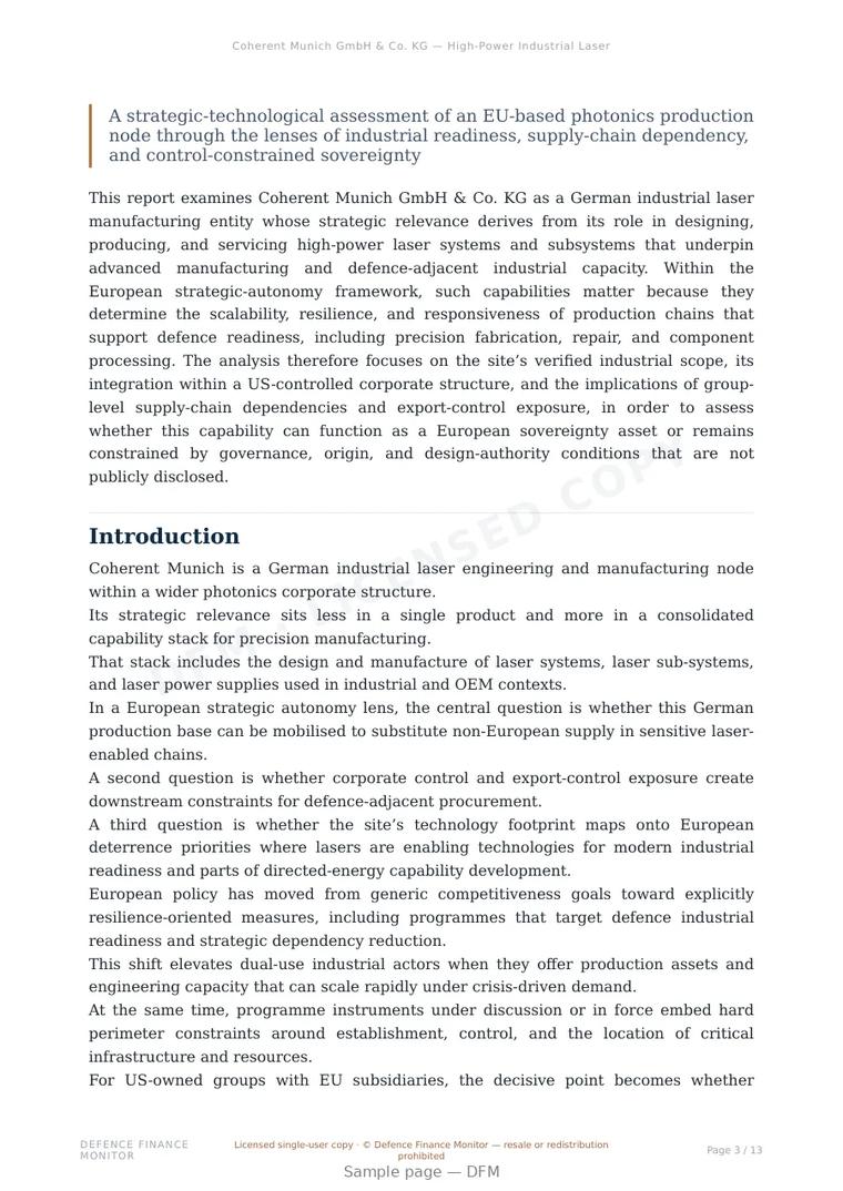 Sample page from “Coherent Munich GmbH & Co. KG — High-Power Industrial Laser Manufacturing within a Transatlantic Control Framework” — 14-page report