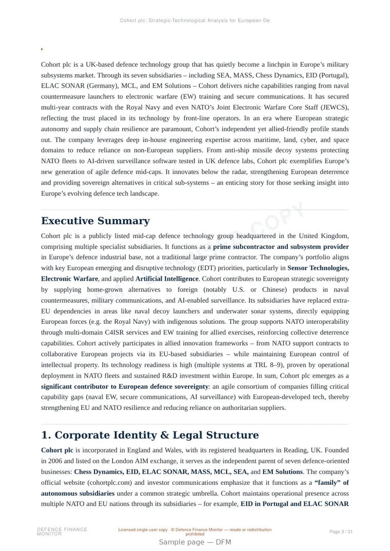 Sample page from “Cohort plc — United Kingdom defence company” — 32-page report