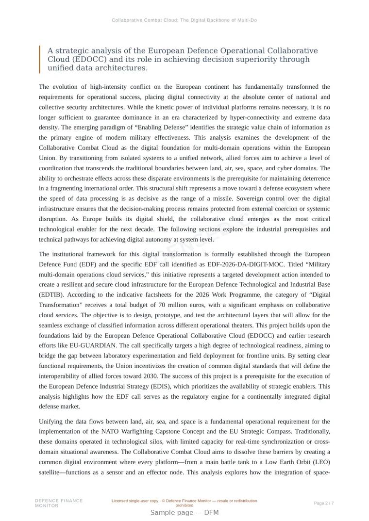 Sample page from “Collaborative Combat Cloud: The Digital Backbone of Multi-Domain Operations” — 8-page report