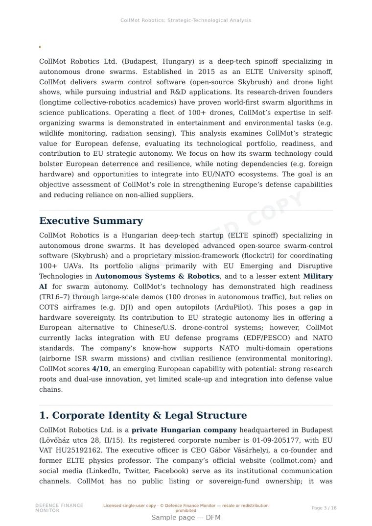 Sample page from “CollMot Robotics Ltd. — Hungary swarm coordination company” — 17-page report
