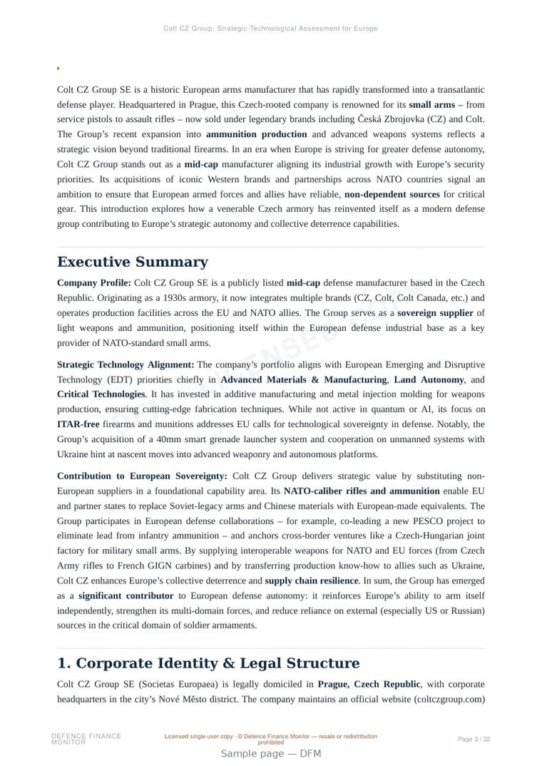 Sample page from “Colt CZ Group: Strategic-Technological Assessment for European Defense Autonomy” — 33-page report