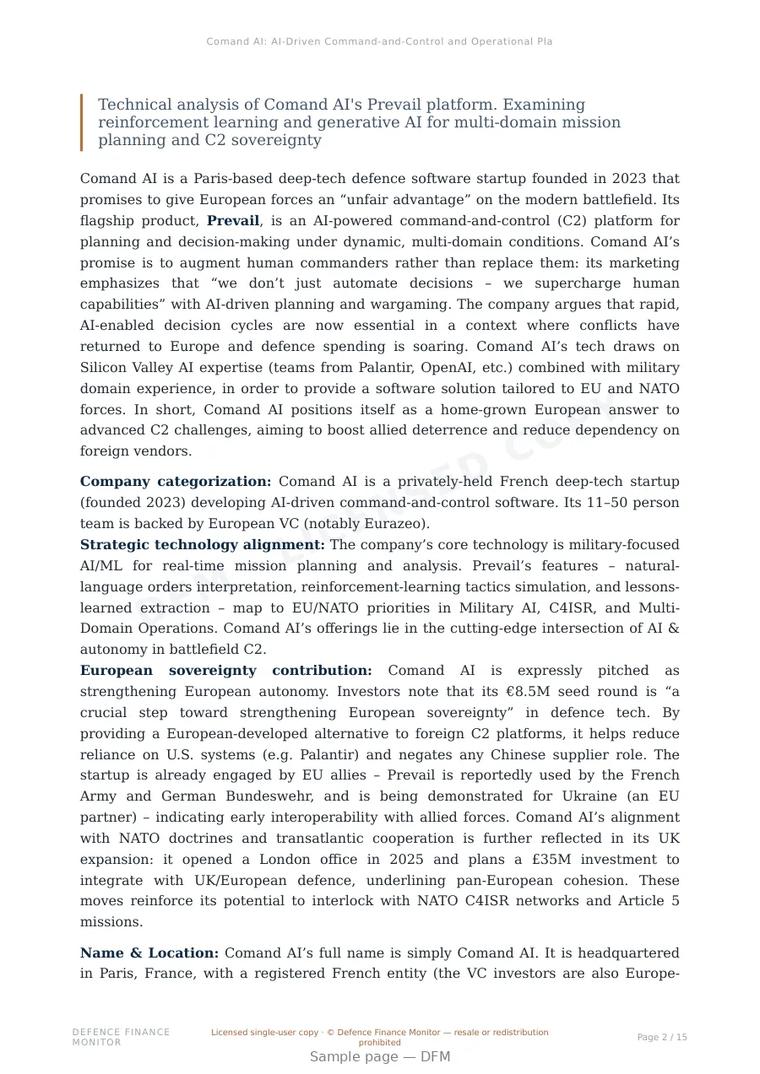 Sample page from “Comand AI: AI-Driven Command-and-Control and Operational Planning” — 16-page report