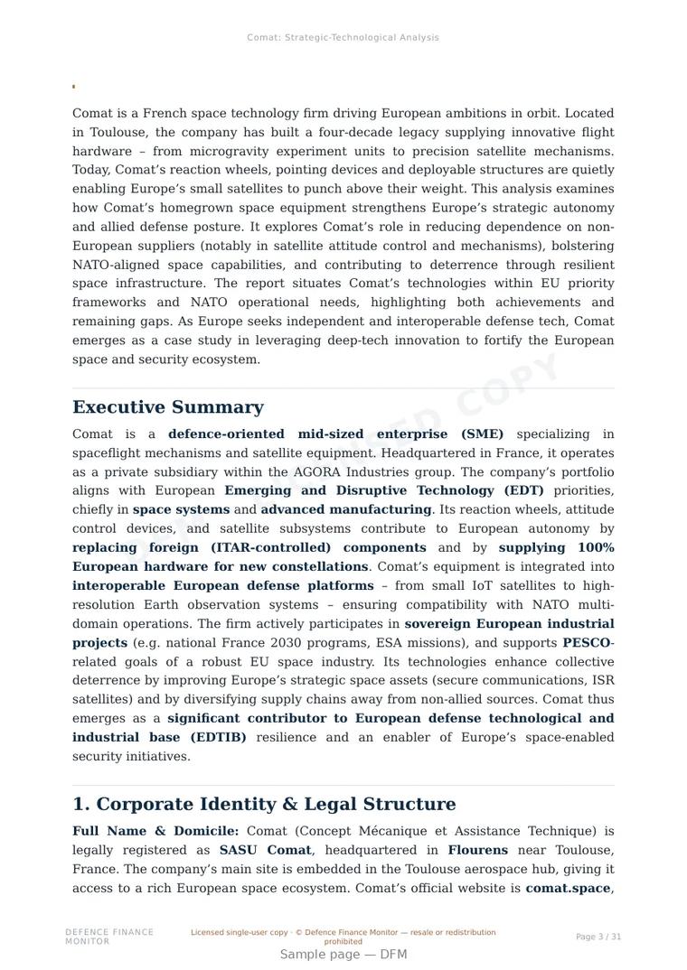 Sample page from “Comat — France satellite platforms company” — 32-page report