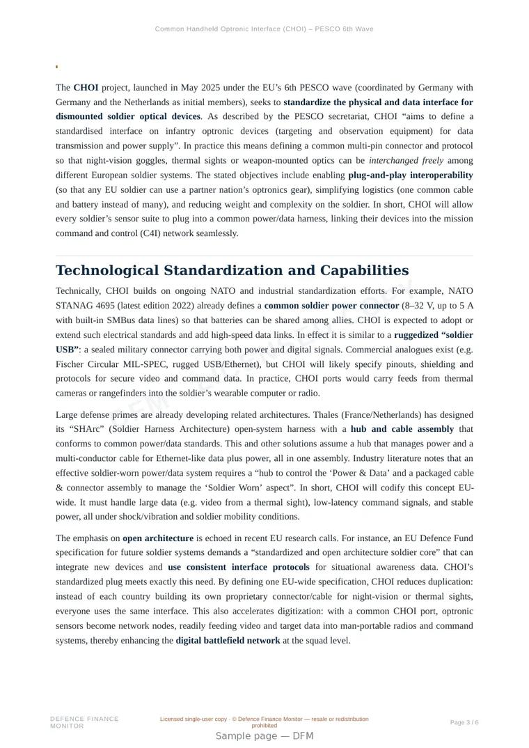 Sample page from “Common Handheld Optronic Interface (CHOI) – PESCO 6th Wave” — 7-page report