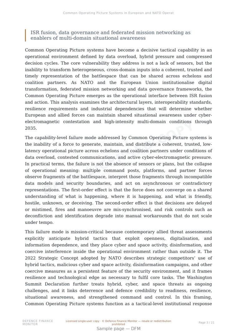 Sample page from “Common Operating Picture Systems in European and NATO Operations” — 22-page report