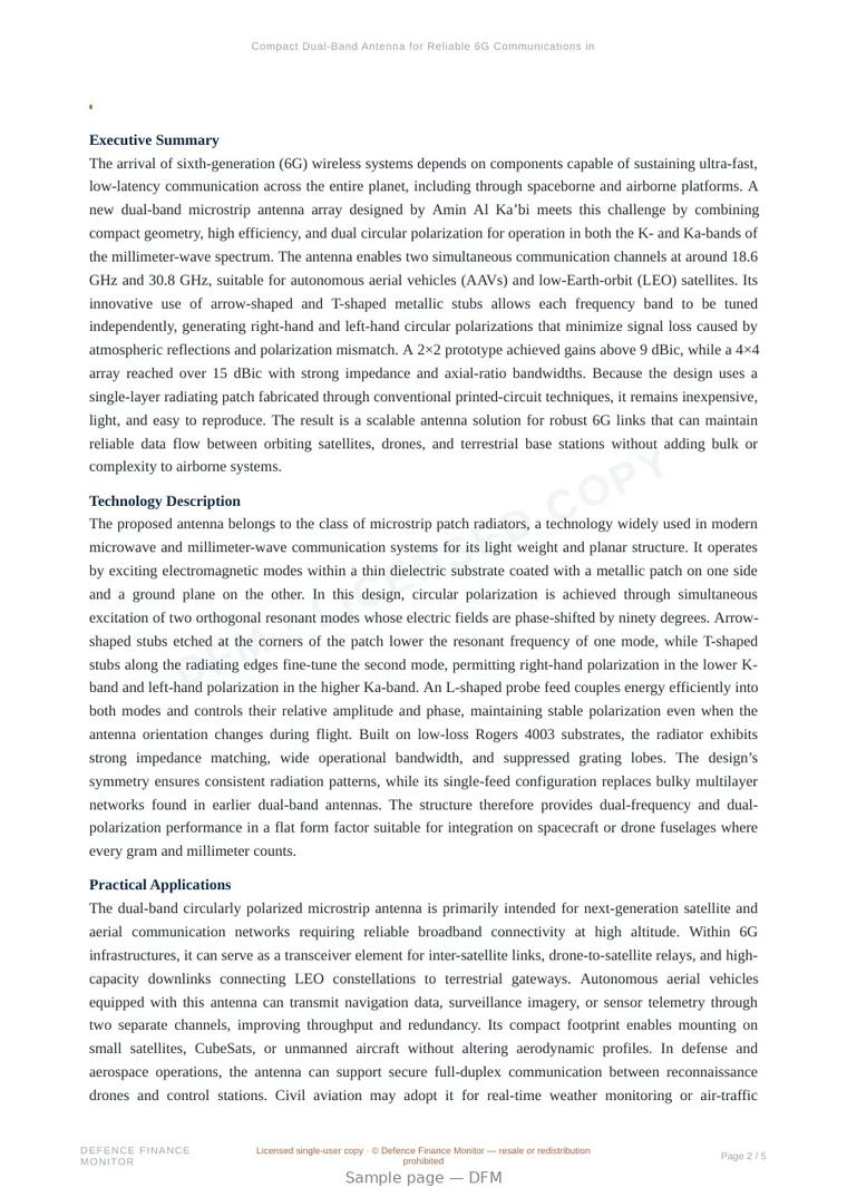 Sample page from “Compact Dual-Band Antenna for Reliable 6G Communications in Satellites and Autonomous Aerial Vehicles” — 6-page report