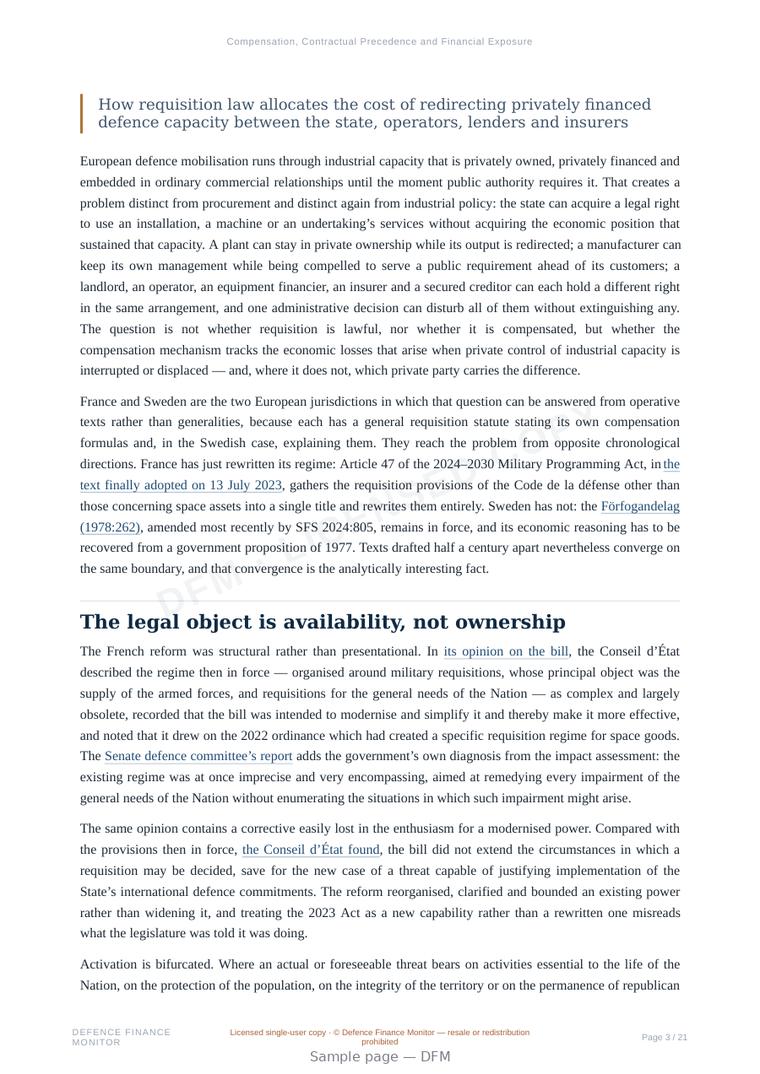 Sample page from “Compensation, Contractual Precedence and Financial Exposure in France, Sweden and the Union Framework” — 22-page report