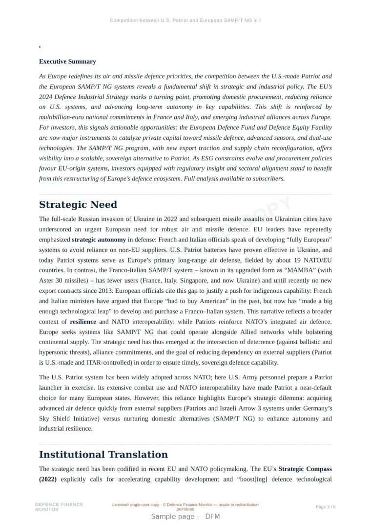 Sample page from “Competition between U.S. Patriot and European SAMP/T NG in light of the EU Defence Industrial Strategy” — 9-page report